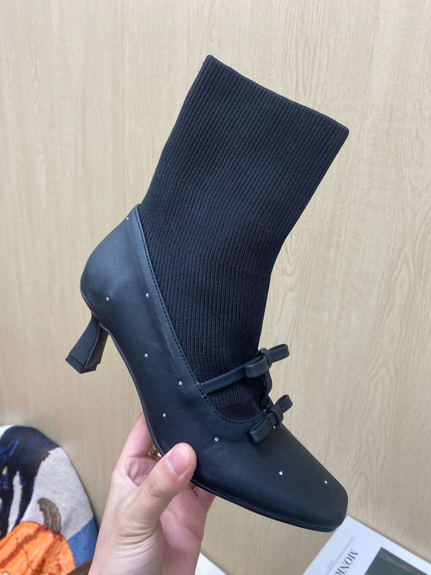 

[В наличии] Французский бант на высоком каблуке со стразами короткие ботильоны женские на толстом каблуке темпераментные эластичные тонкие ботинки квадратный носок вязаные ботинки 39 чёрный