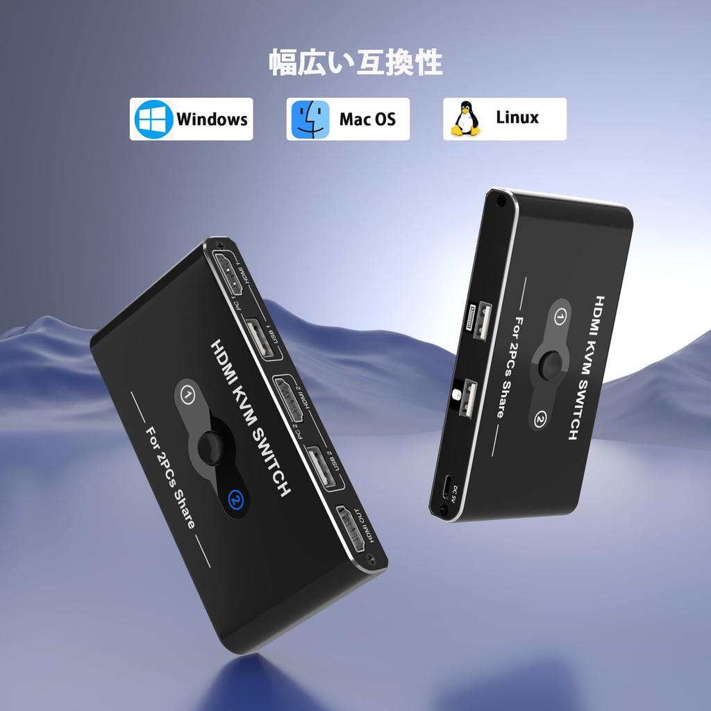 KVM Switch HDMI 2 Input 1 Output KVM Switcher Shares 2 PCs and 1 Keyboard/Mouse/Display 4K@60Hz Video Output Easy Plug-and-Play Connection LED Light U