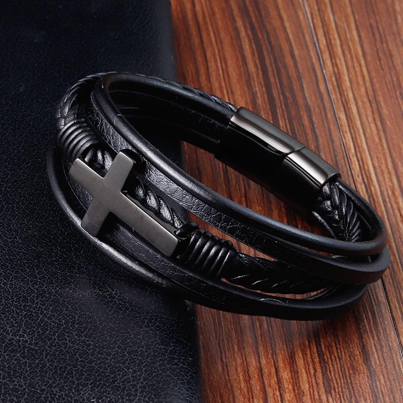 Luxury Multicolor Cross Design Classic Stainless Steel Men's Leather Bracelet  Choose Handsome Men's Gifts