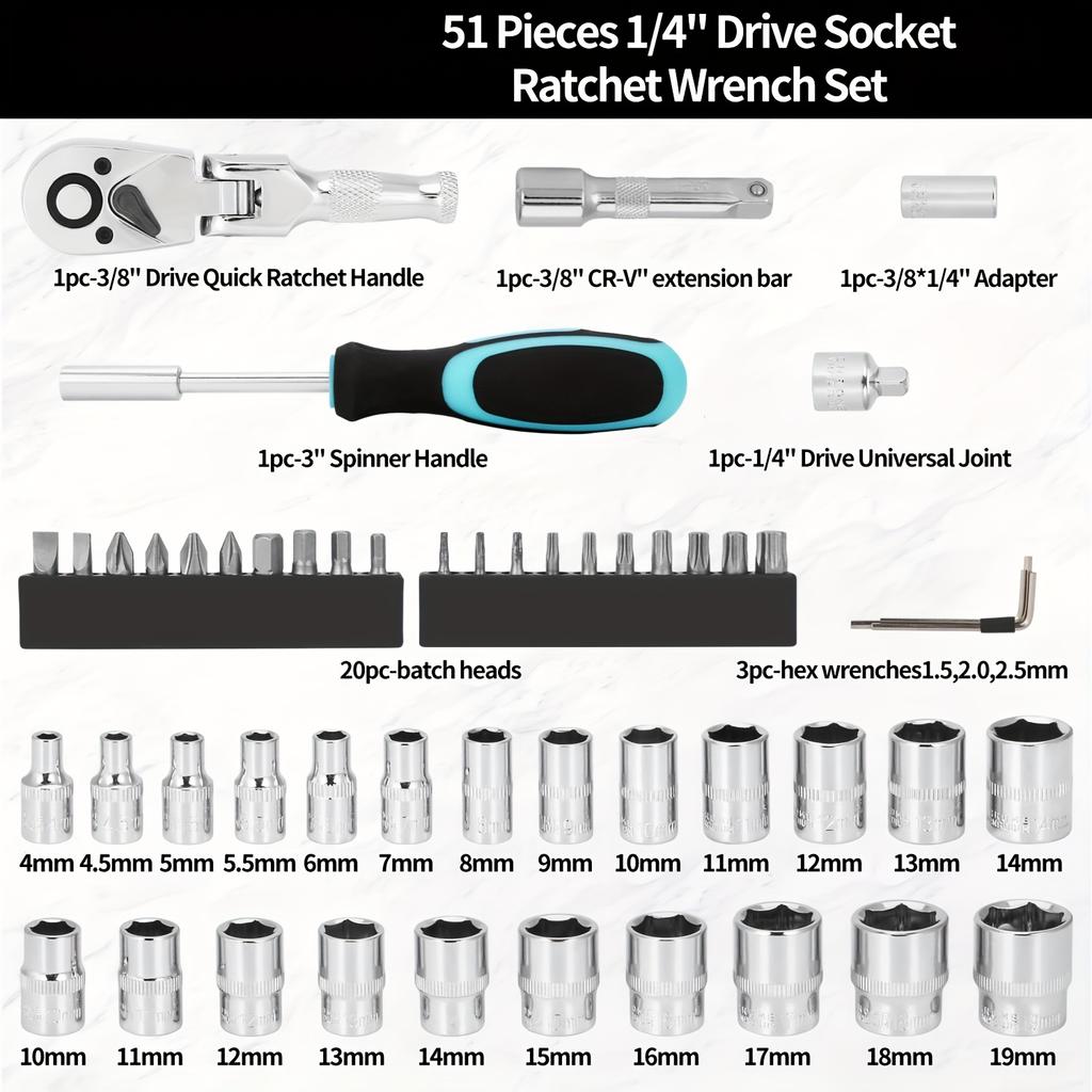 Complete Automotive Tool Set – 1/4 Inch Drive Socket Wrench Kit with Hex Key & Screwdriver Bits for Car Repair Maintenance