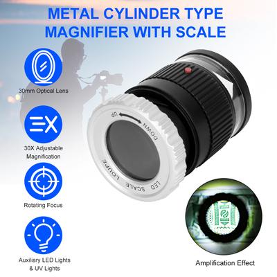 LED Ölçekli Büyüteç 30X Ayarlanabilir Büyütme Metal Silindir Tipi Ayna Ölçekli Okuma Aynalı Takı Büyüteci