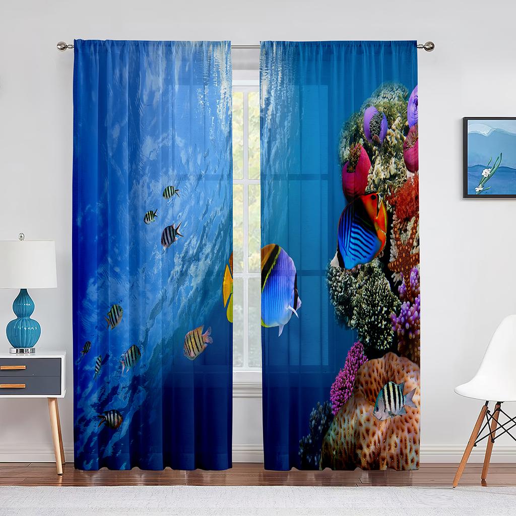 Ocean Underwater World Tulle Voile Curtains Tropical Fishes Shark Coral In The Deep Sea Sheer Curtain for Living Room Bedroom
