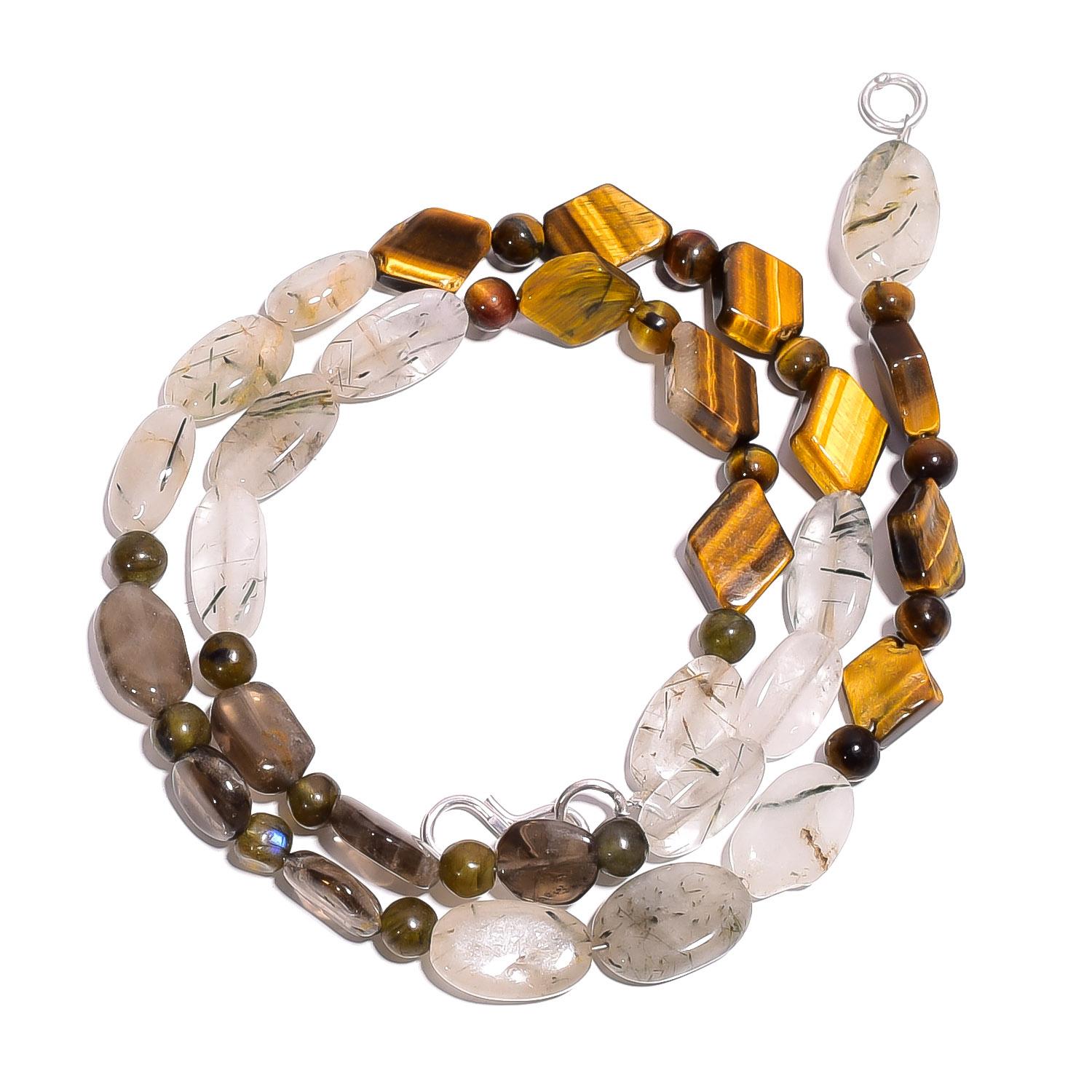 

Natural Tiger Eye Smoky & Rutile Quartz Gemstone Beads Necklace 17 UB-4047 UB-4047