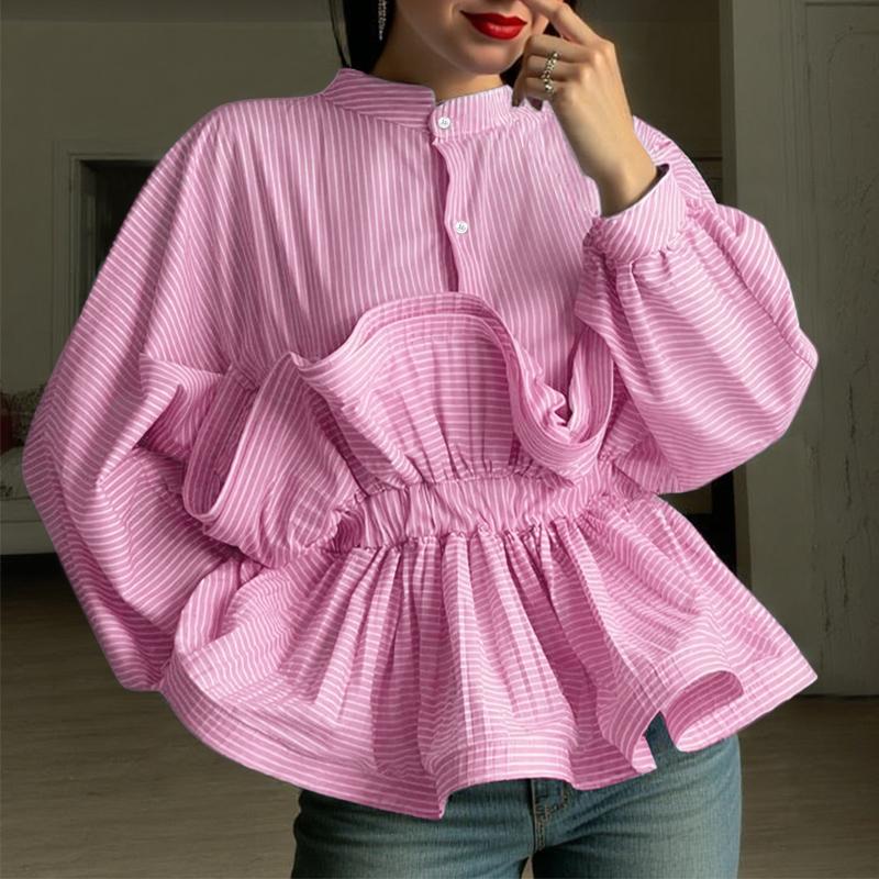 

ZANZEA Женская повседневная блузка с круглым вырезом, длинными рукавами, 3D-рюшами, лоскутным дизайном и свободной полоской 5XL розовый