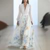 Euro Female Long Sleeve V Neck Spliced Print Chiffon Maxi Dress For Casual Streetwear