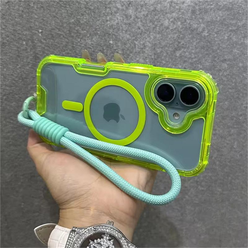 Luxury With Lanyard Clear For Magsafe Phone Case For iPhone 14 11 12 13 15 16 Pro Max Shockproof Armour Wrist Strap Back Cover