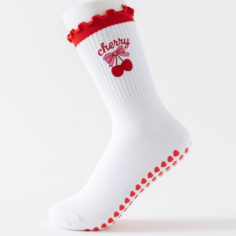 Pilates Socks for Women with Mid-calf Embroidery, Big Red Cherry and Black Fungus Trim, Lace, Rolled Edge and Slip Yoga Socks