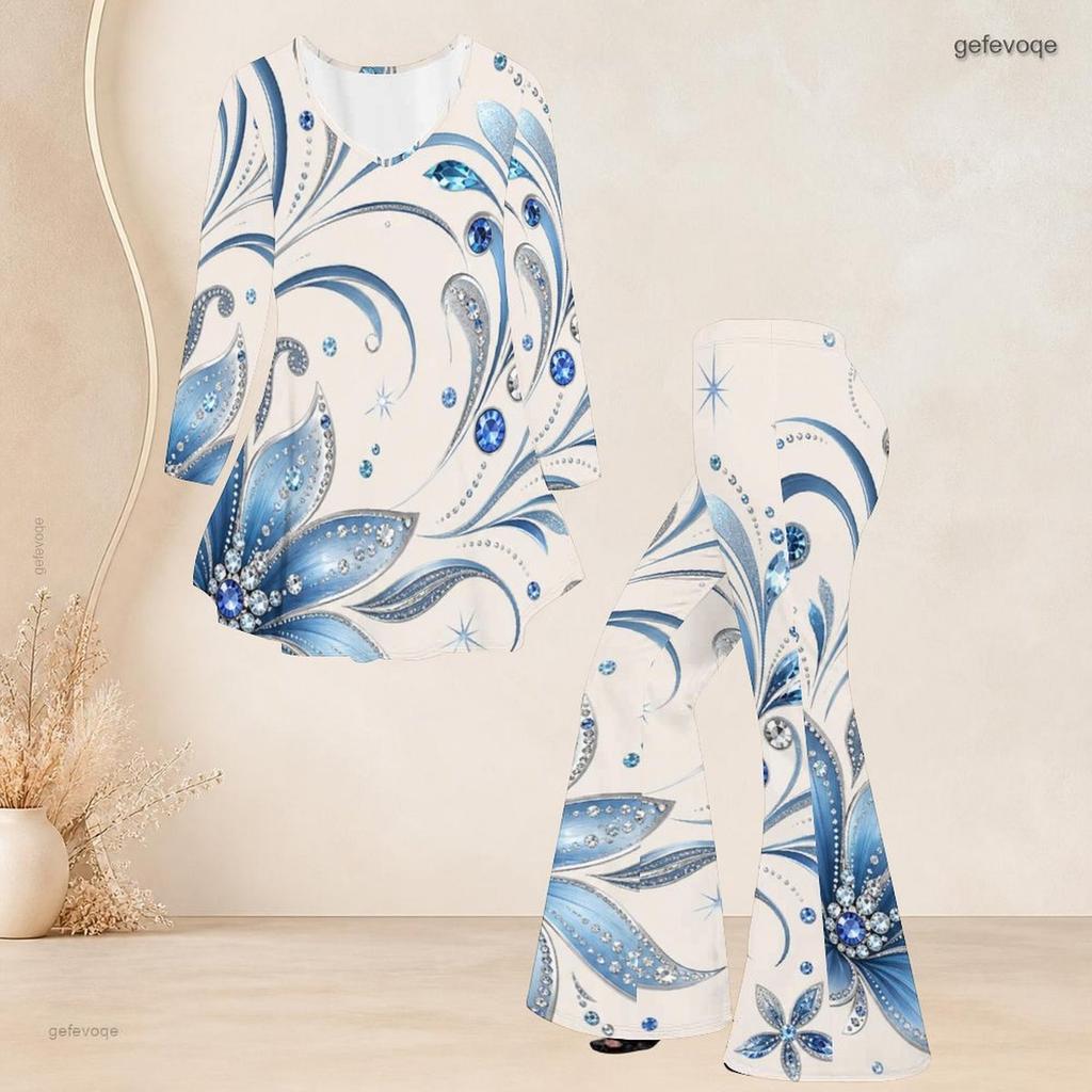 Women Plus Size Black Floral Printed V Neck Three Quarter Sleeve Flared Top Flared Pants Two Piece Set