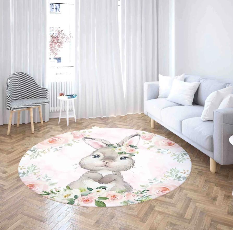 Rabbit Round Carpet Cartoon Rabbit Flower Printed Rug Living Room Bedroom Dressing Table Mat Home Decoration