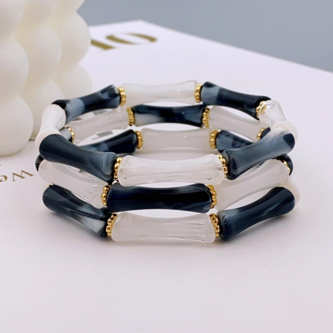 

3шт. Акриловый эластичный браслет с бусинами и разноцветными бамбуками для женщин, повседневный браслет для женщин