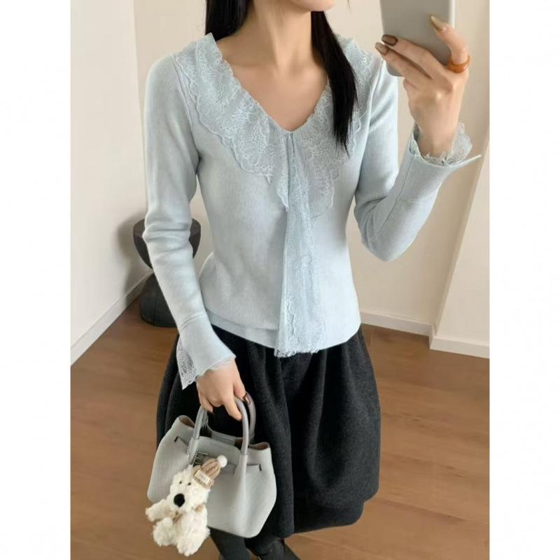 Korean Lace Lace Splicing Collar Knitted Winter Foreign Look Thin Sweet Versatile Bottoming Shirt Knitted Sweater Top