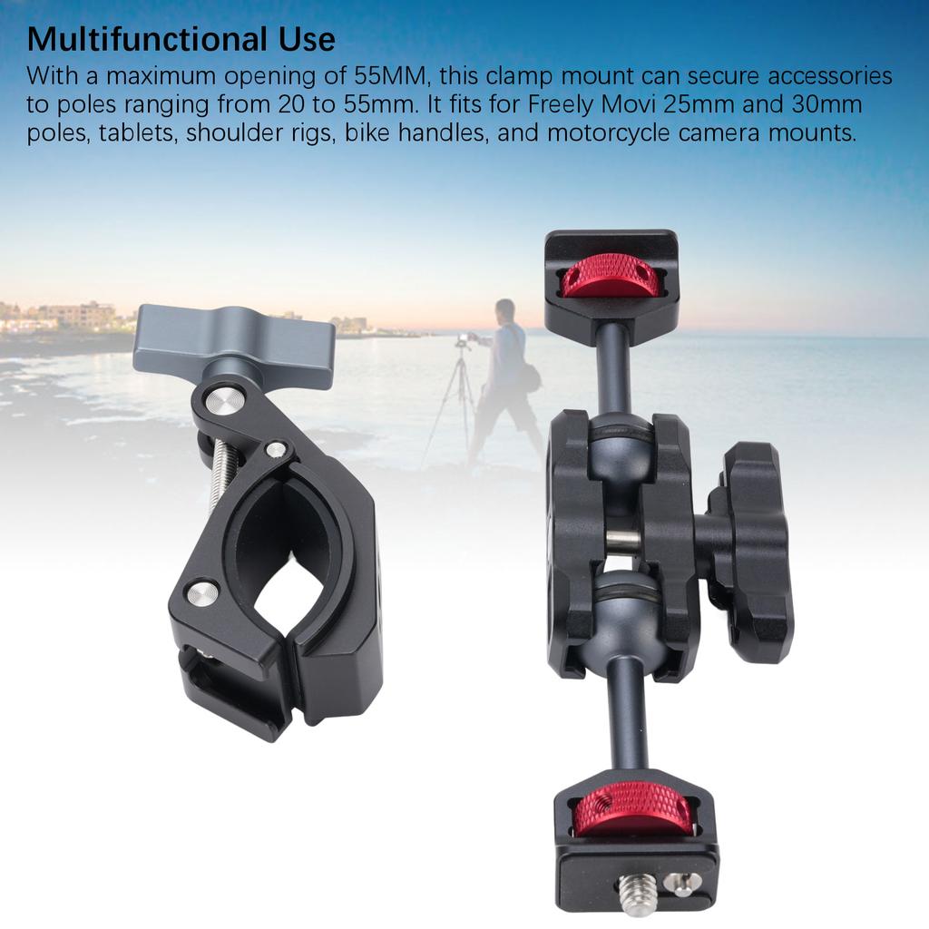 Camera Arm Mount Clamp 55mm Aluminum Alloy 360° Rotating Anti Slip Quick Release 1/4in Screw for Flash Microphone Monitoring Screen