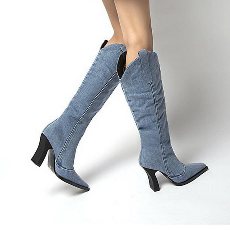 Spring Autumn Women Stretch Denim High Thick Heel Long Boots Lady Knee-high Straight Boots Female Riding Boots Botas De Mujer