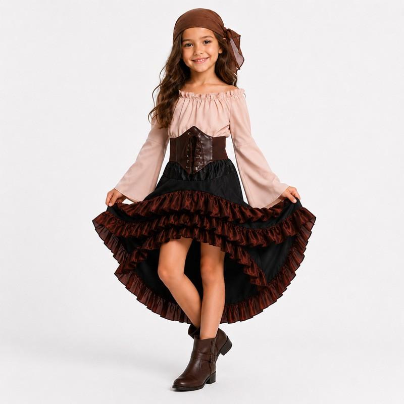 Halloween Costume Dress Girls Vintage Asymmetrical Hem High Waist Ruffle Skirt Pirate Theme Stage Outfit