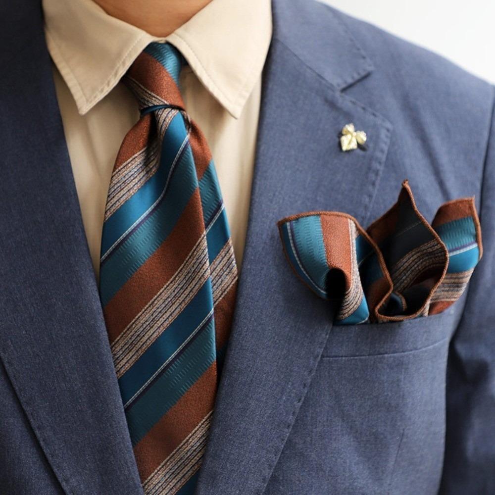 2-Piece Set Narrow Striped Neckties Adjustable Suit Pocket Square Neck Tie Set  Office Wear
