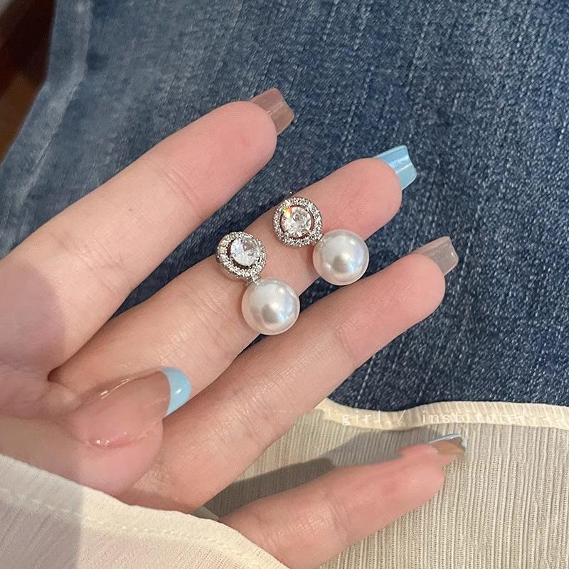 925 silver needle flash zircon pearl earrings women's light luxury stud earrings temperament earrings