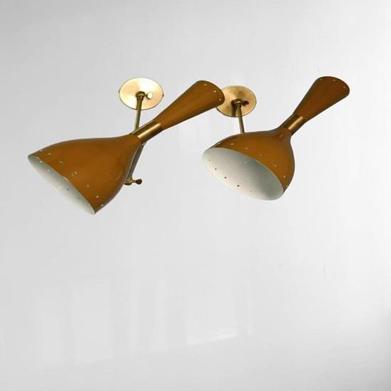Mid-Century Italian Brass Wall Sconce Pair Brown Diabolo Lamps