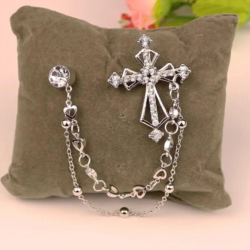 Korean Cross Rhinestone Brooch for Women and Men Tassel Chain Badge Shirt Collar Pins Badge Fashion Jewelry Accessory