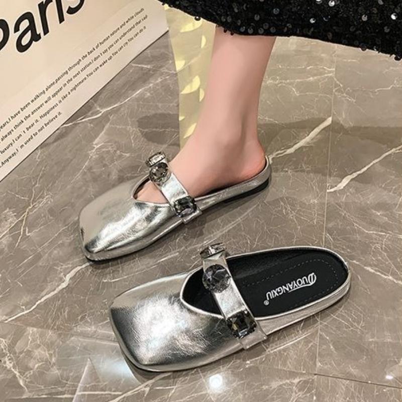 Woman Slippers Outside Square Toe Slides Flat Rhinestone Sabot Mules Shoes for Women Stylish New Fashion Designer Luxury Sandals