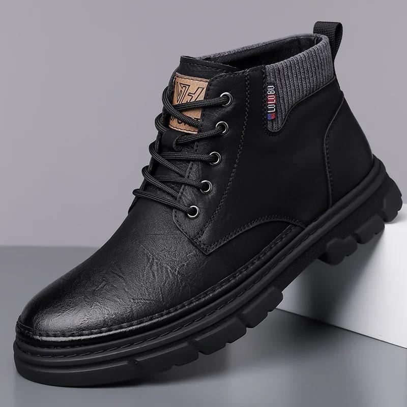 Fashion Men's Winter High Top Lace-Up Boots Thermal Lined Warm Leather Casual Shoes Waterproof Outdoor Platform Sole Ankle Boots