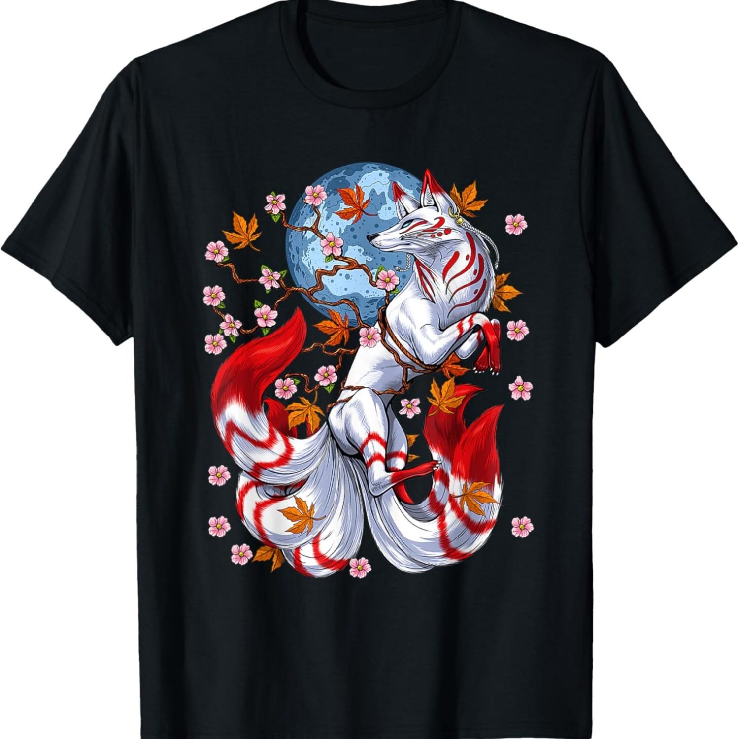 Flowers Kitsune Fox Nine Tailed Fox Cherry Blossom T-Shirt S чёрный