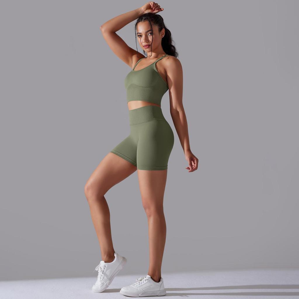 Seamless Knitted Solid Color Back High Elasticity Sports Tight Yoga Suit Set Running Fitness Two Piece Set