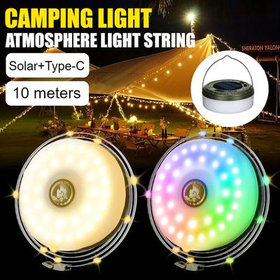 Solar Lights Outdoor Camping Light 10meter String Light Outdoor Tent Light RGB Atmosphere Light LED Flashlight with Hook