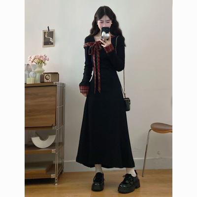 2026 Spring New French Fashion Hepburn-style Bow Dress Women's Waist-Cinching Slimming Long Sleeve Mid-Length Dress