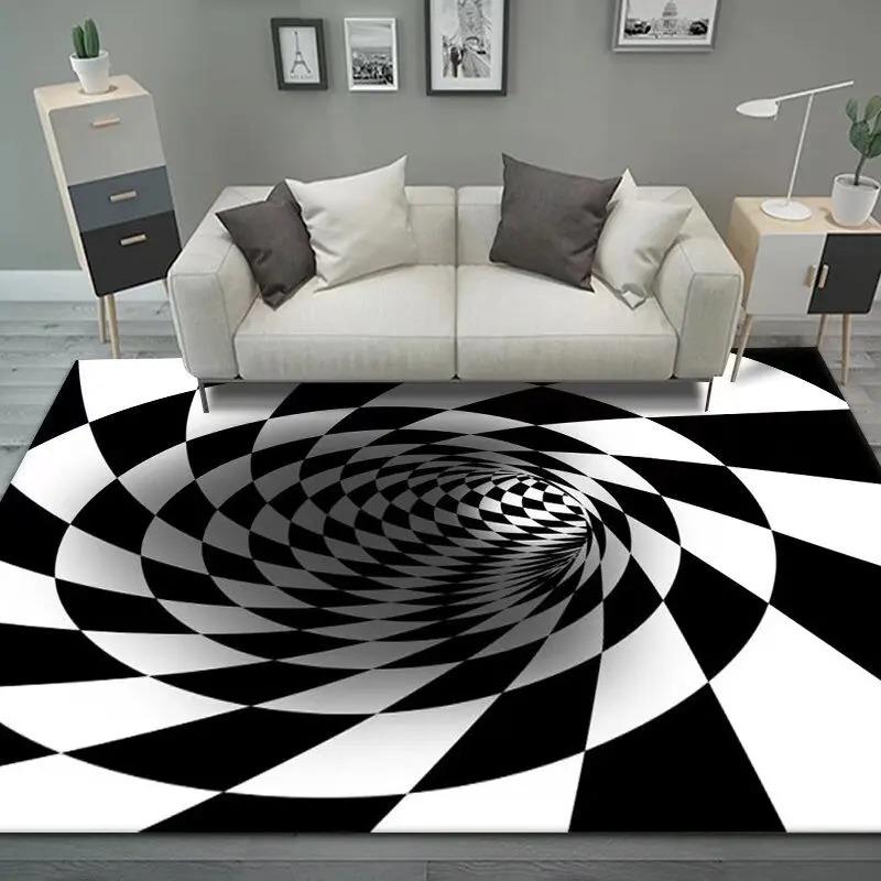 Large Size Carpet 3D Vortex Illusion Black White Rug Abstract Geometric Optical Mat Non-Slip for Bedroom Living Room Decoration