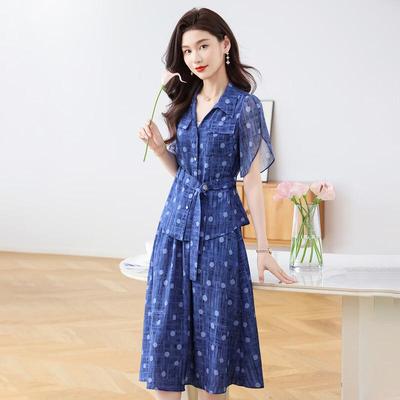 Women's Summer Blue Polka Dot Chiffon A-Line Midi Dress