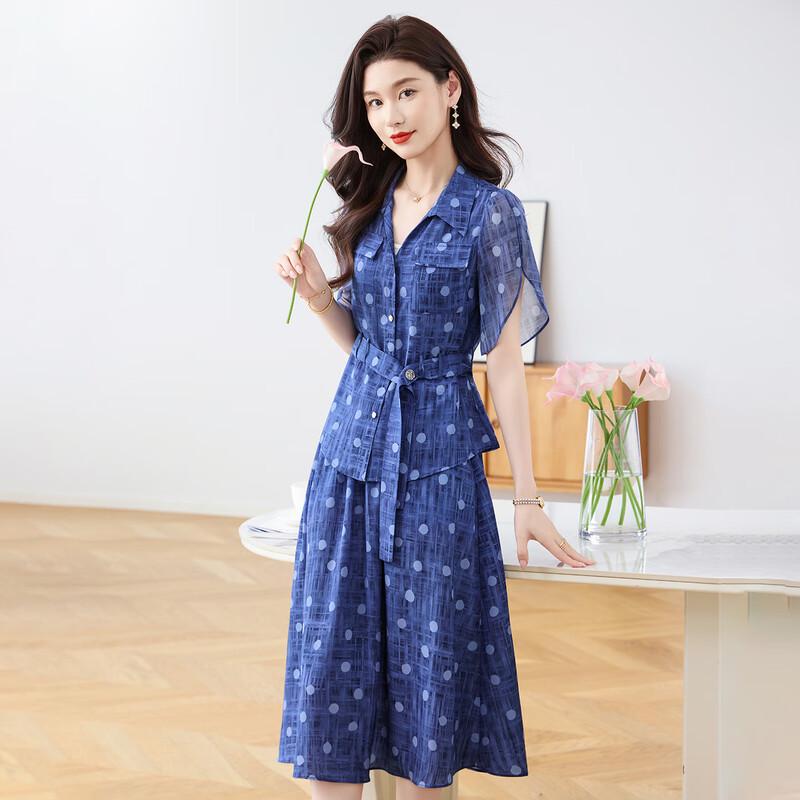 Women s Summer Blue Polka Dot Chiffon A-Line Midi Dress XL