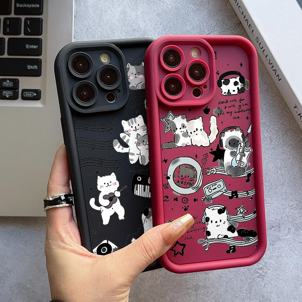 Happy Kitty Musician Protective Funda Phone Cases For iPhone 17 16 15 13 12 11 ProMax Pro Plus Shockproof coque phone Bumper