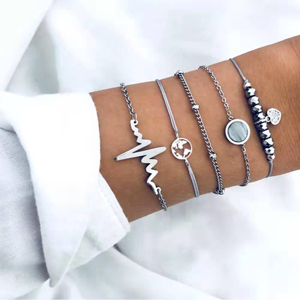 Trendy Black Turquoise Pattern Bracelet Set: European-American Style, Handmade 4-Piece