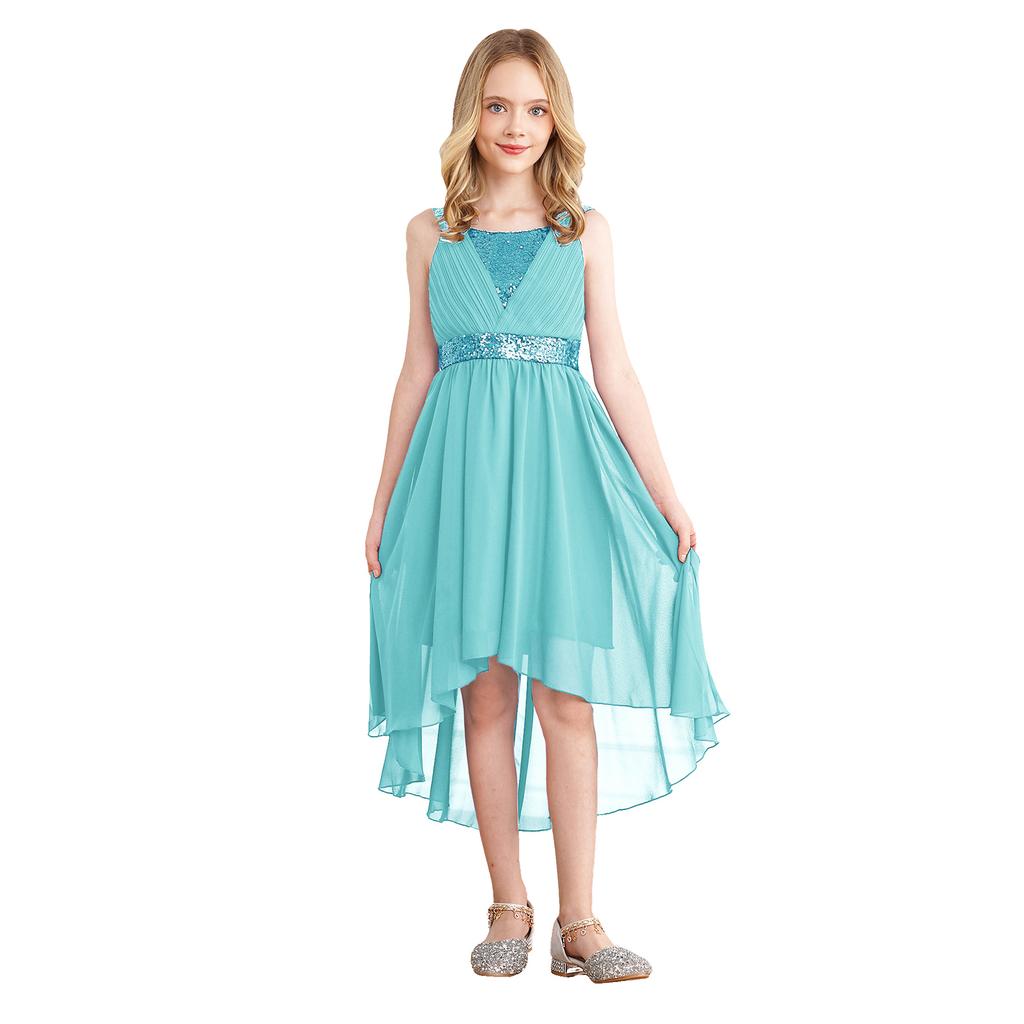 Girls Elegant Sequin Party Dress Ruched Design Sleeveless High Low Hem Chiffon Material Birthday Dress