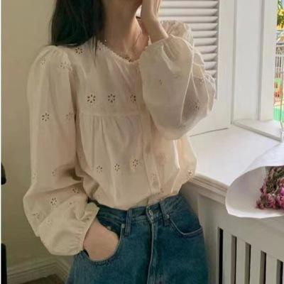 Korean Korean ins style long-sleeved shirt women's spring and autumn new French retro hollow embroidered loose and thin top