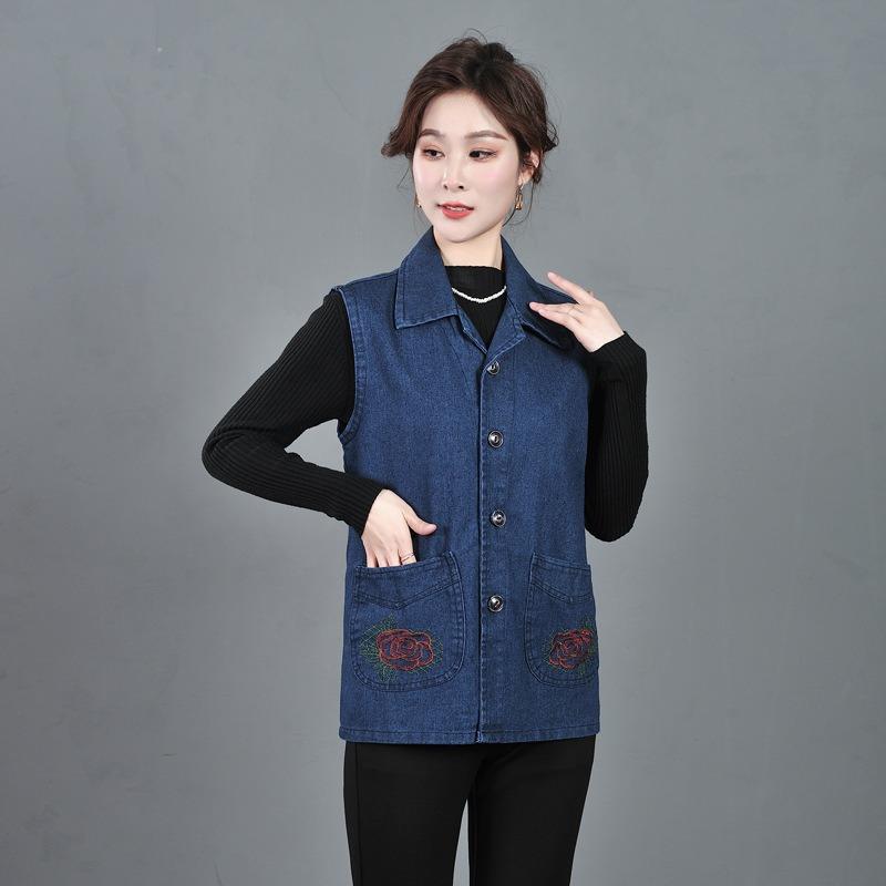 Denim Vest Women's Dark Blue Vest Vest Elderly Pocket Design