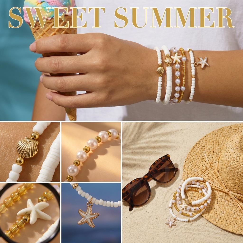 3/8 Pcs Bohemian Shell Starfish Bead Bracelet Set for Women Summer Beach Multilayer Stacked Pearl Bracelets Party Charm Jewelry