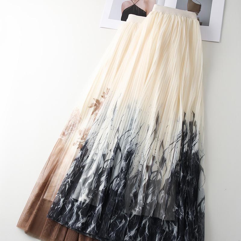 2025 New Ink Painting Midi Skirt for Women: Spring/Summer Slimming Pleated A-Line Umbrella Skirt