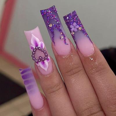 24 Pieces Nail Piece False Nail Purple European and American Wearing Nail Art Piece Long Nail Patch Nail Art Piece