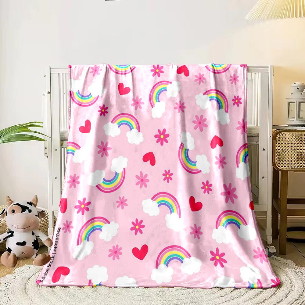 Colorful Rainbows, Hearts, and Flowers Flannel Blanket for Bedroom Living Room Sofa and Nap