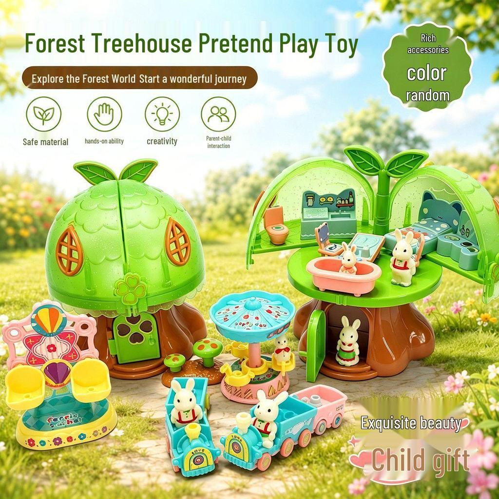 Children's Forest Treehouse Play Set with Little Rabbit & Playground