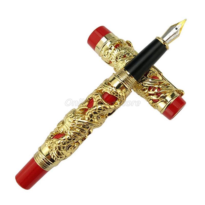 Jinhao Vintage Intaglio Metallico Goffratura Drago e Fenice Pennino Medio Pennino Pesante Penna Stilografica Nobile Ufficio Scuola