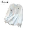2026 Plus Size Spring Autumn Women Shirt Ruffled Collar White Blue Floral Embroidery Blouse Long Sleeve Cotton Basic Loose Blouse