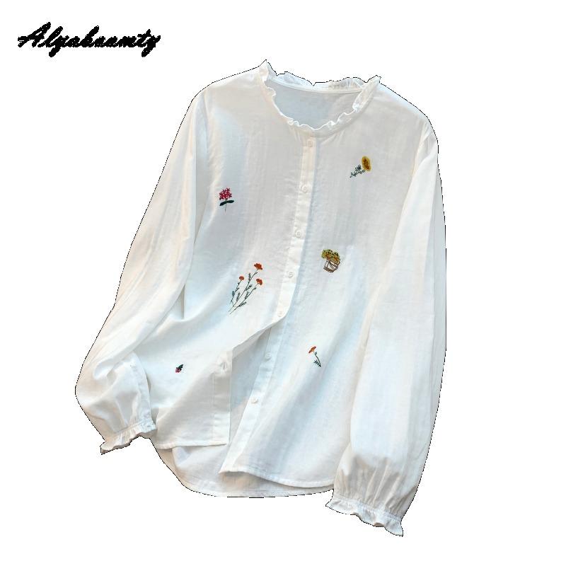 2026 Plus Size Spring Autumn Women Shirt Ruffled Collar White Blue Floral Embroidery Blouse Long Sleeve Cotton Basic Loose Blouse