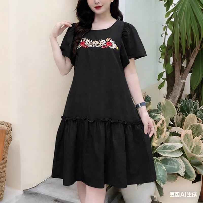 ZANZEA Women Casual Round Neck Loose Floral Embroidery Short Sleeve Dress