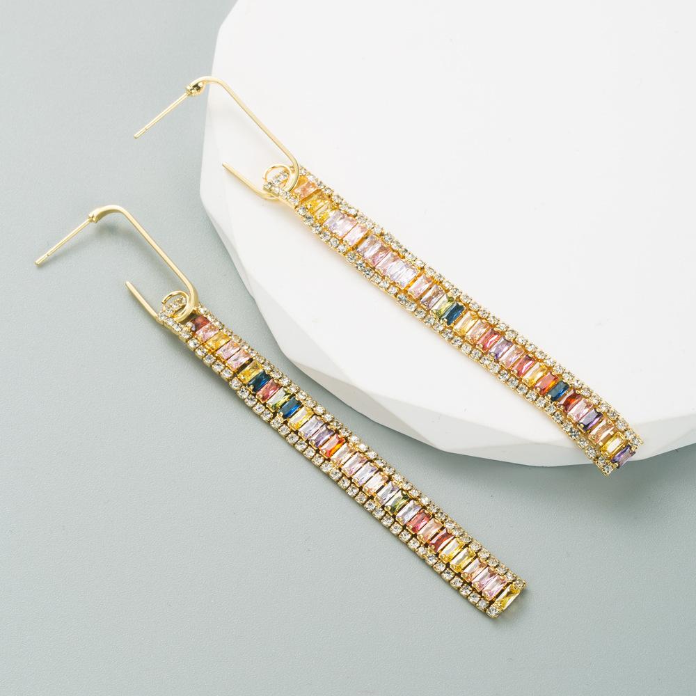 Women's Drop Earring Copper Plated Real Gold Inlaid Color Zirconia Long Earrings Geometric Square Zirconia Light Luxury Earrings