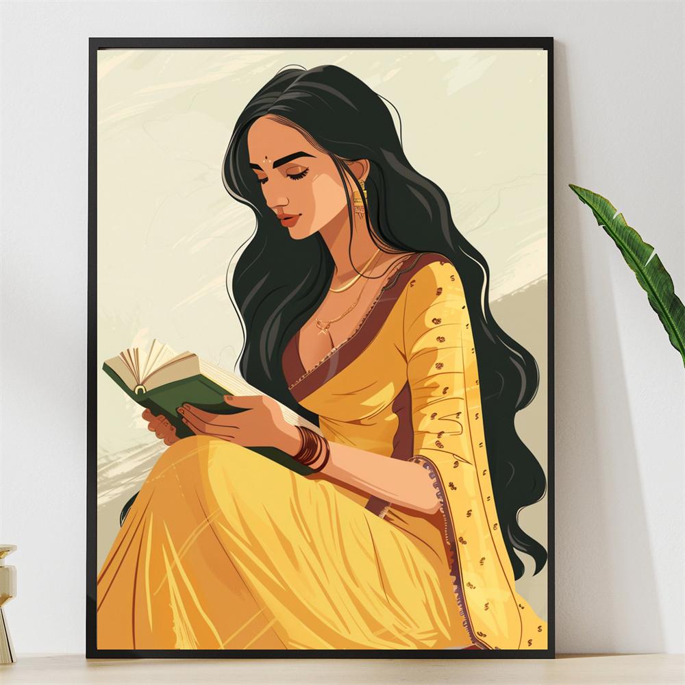 Modern Indian Wall Art Poster Reading Book South Asian Woman Art Prints Brown Girl Art South Indian Art Canvas Painting