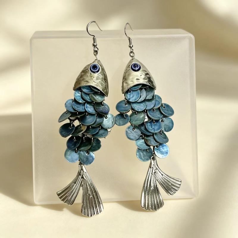 Blue Sense Fish-Shaped Earrings Creative Multi-Layer Shell Scaly Tassel Drop Earrings Niche Summer Beach Vacation Jewelry