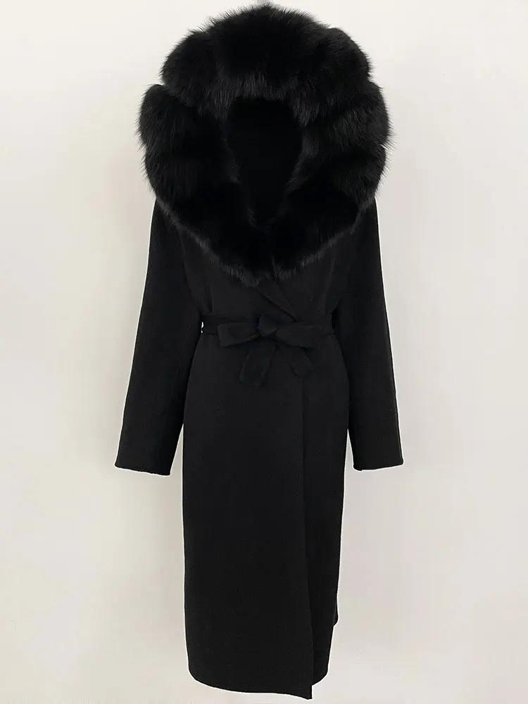 OFTBUY Winter Women Coat Real Natural Fox Fur Hooded Detachable Collar Double-faced Woolen Jacket Long Casual Elegant Overwears