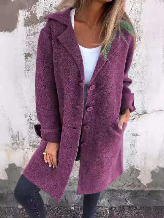 2024 Autumn/Winter Women's Mid-Length Cardigan: Solid Color, Turn-Down Collar, Pockets, Single-Breasted Design.